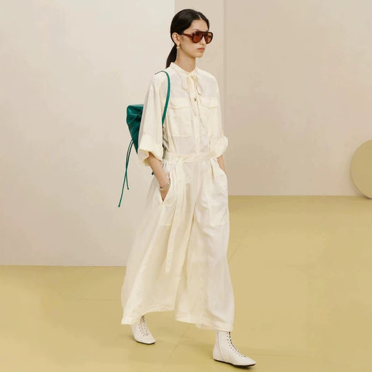 Damen Langer Utility-Jumpsuit mit Hemdkragen und Bindegürtel Nord Taschen