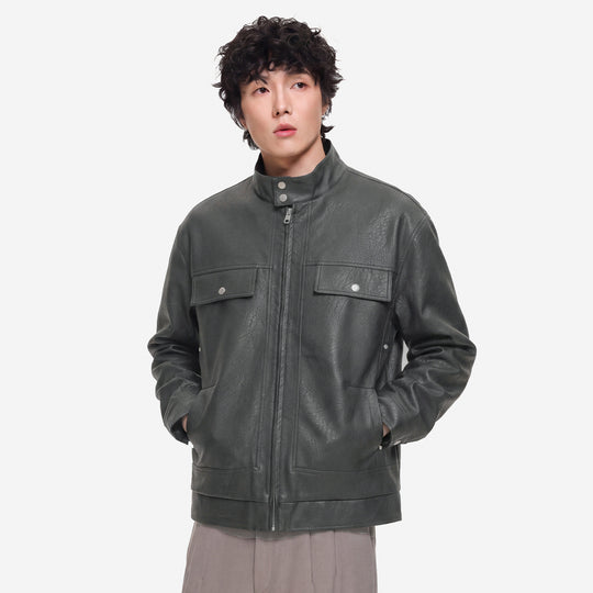 Herren Lederjacke im Fieldstil mit Stehkragen, Brustklappen und Reißverschluss Nord Taschen