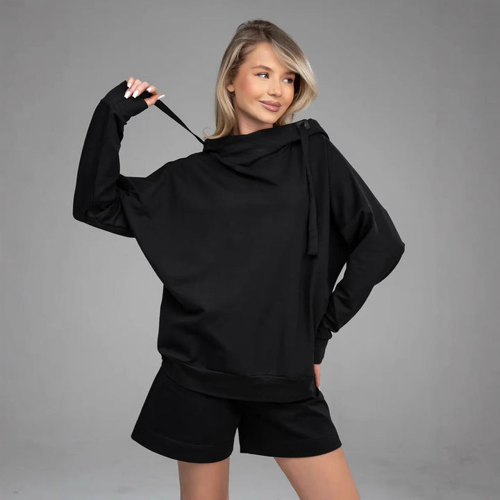 Damen lässiges Oversized Hoodie und Shorts Set Nord Taschen