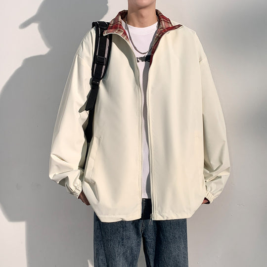 Herren Oversize‑Utility Übergangsjacke mit Reißverschluss und kontrastierendem Karo‑Innenkragen Nord Taschen
