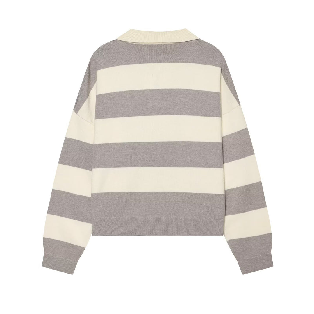Damen Oversize Rugby-Pullover mit Polokragen und breiten Blockstreifen Nord Taschen