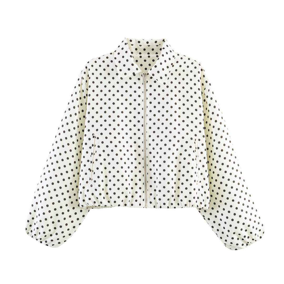 Damen Kurzjacke im Harrington‑Stil mit Polka‑Dot‑Muster, Ballonärmeln und elastischem Saum Nord Taschen