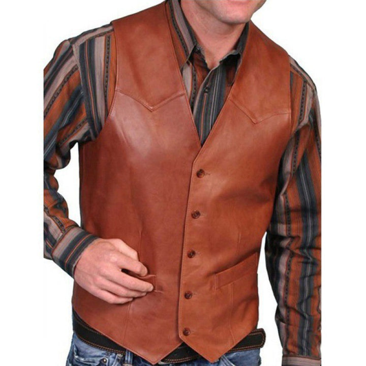 Herren taillierte Lederweste mit Western-Details, V-Ausschnitt und zwei Eingrifftaschen Nord Taschen