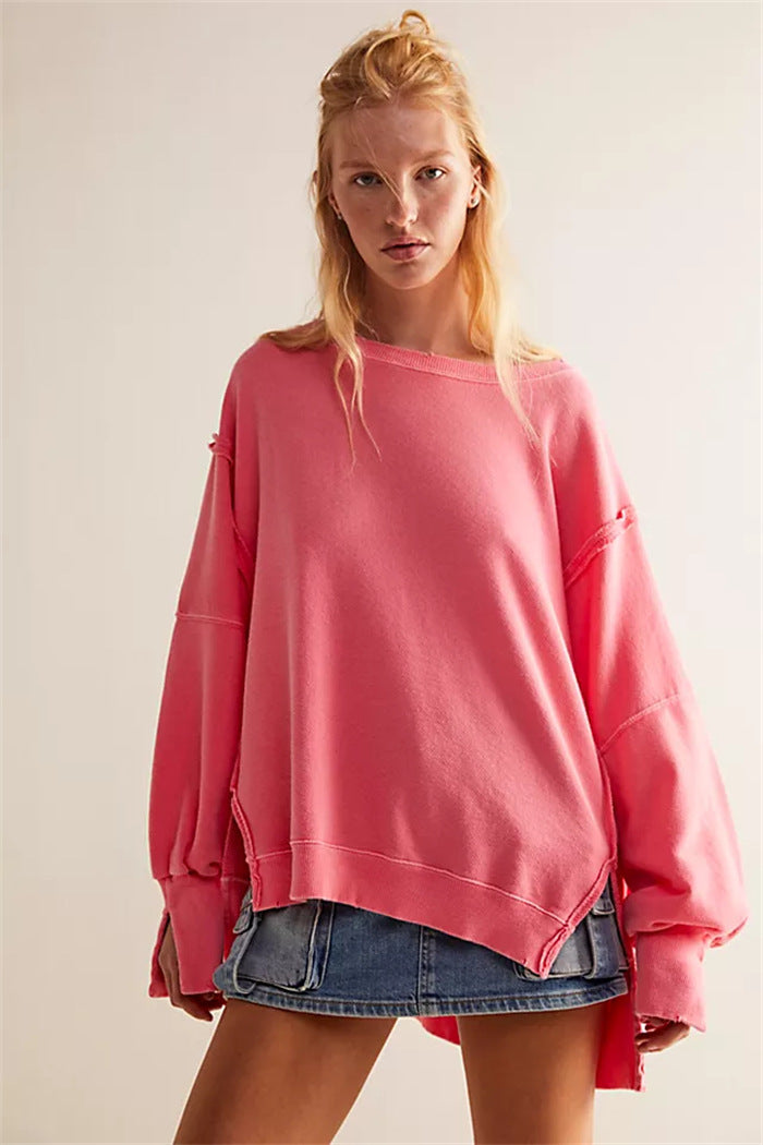 Damen oversized Sweatshirt mit Ballonärmeln, offenen Saumnähten und seitlichen Schlitzen Vittorelli
