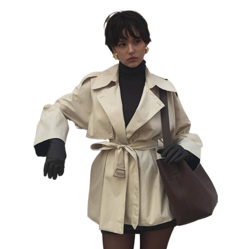 Damen Kurzer Taillierter Trench mit Cape-Überwurf und Bindegürtel Nord Taschen