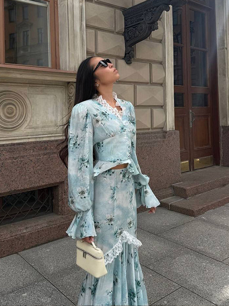 Damen Zweiteiliges Maxikleid-Set mit Korsagenoberteil, Volantärmeln und Spitzenbesatz Nord Taschen
