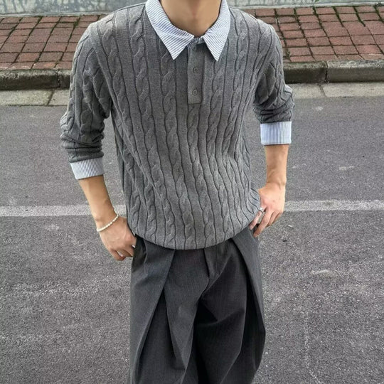 Herren Kabelstrickpullover mit Hemdkragen-Layering-Effekt Nord Taschen