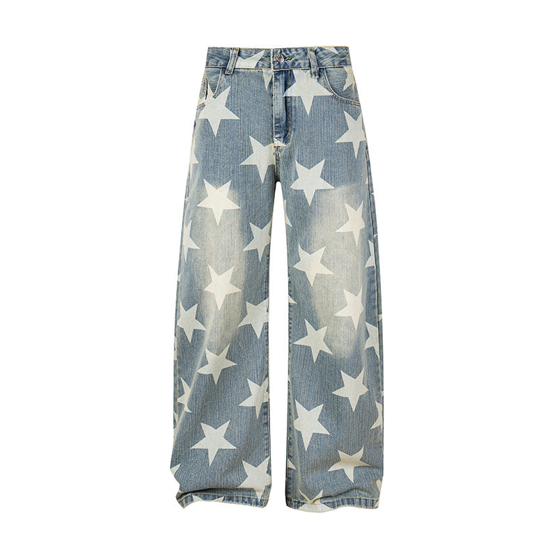Damen Weite Hochbund-Culotte-Jeans mit hoher Taille und Allover-Sterneprint Nord Taschen