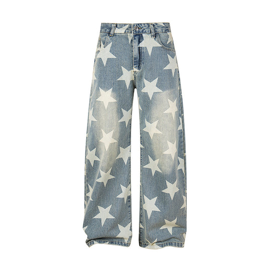 Damen Weite Hochbund-Culotte-Jeans mit hoher Taille und Allover-Sterneprint Nord Taschen