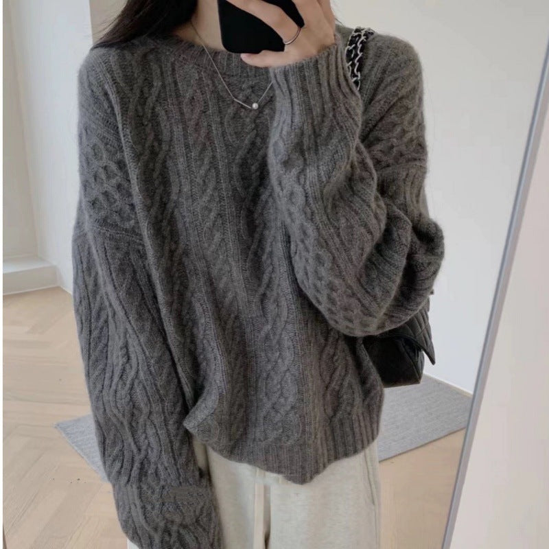 Damen Oversize Zopfmuster‑Pullover mit Rundhalsausschnitt und lässiger Schulterpartie Nord Taschen