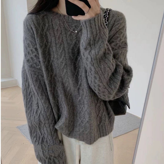 Damen Oversize Zopfmuster‑Pullover mit Rundhalsausschnitt und lässiger Schulterpartie Nord Taschen