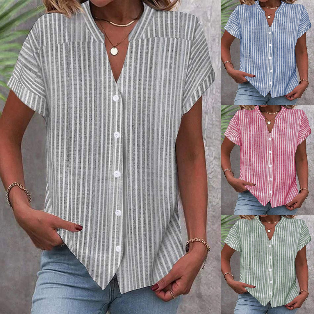 Damen Kurzarm-Bluse mit V-Ausschnitt und Streifenmuster