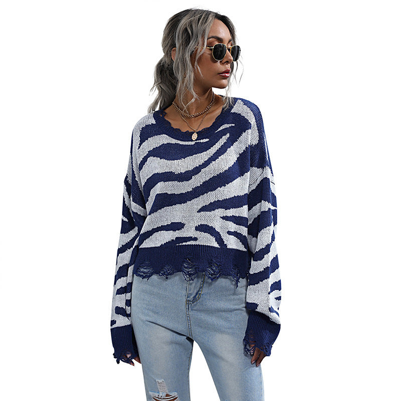 Damen Oversize-Strickpullover mit Zebrastreifen‑Jacquard, ausgefranstem Saum und Raglanärmeln Nord Taschen