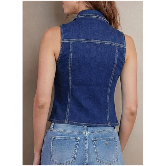 Damen Taillierte Jeansweste mit spitzem Saum und Knopfleiste Nord Taschen