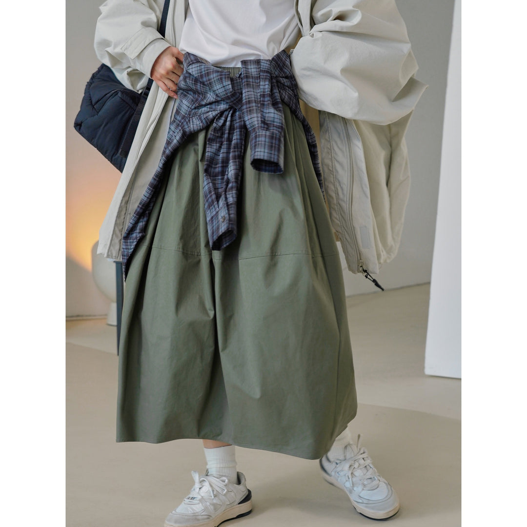 Damen Weit schwingender High‑Waist Midi‑Rock aus Baumwoll‑Twill mit elastischem Bund Nord Taschen