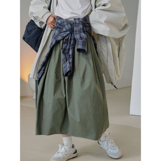 Damen Weit schwingender High‑Waist Midi‑Rock aus Baumwoll‑Twill mit elastischem Bund Nord Taschen