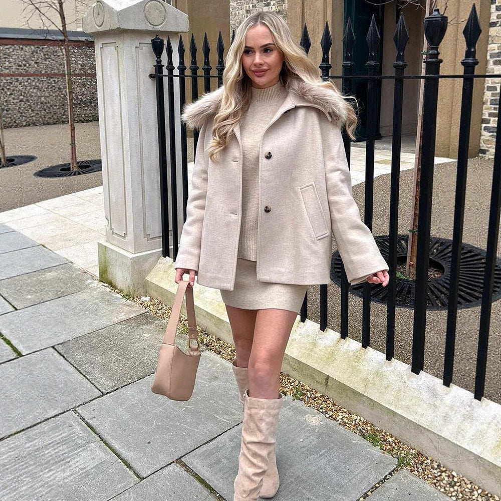 Damen Kurzmantel mit Webpelz-Schalkragen & kastiger Oversize-Silhouette Nord Taschen