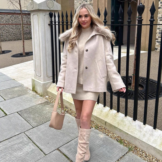 Damen Kurzmantel mit Webpelz-Schalkragen & kastiger Oversize-Silhouette Nord Taschen
