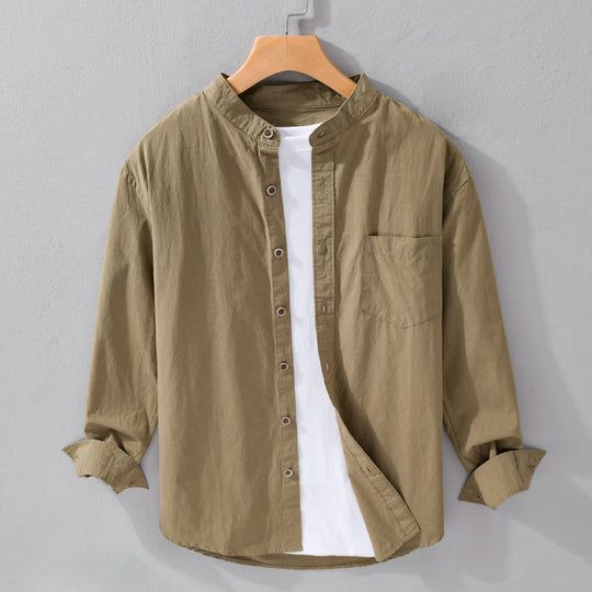 Herren Hemdjacke im Mandarinstil aus Baumwoll-Twill, Relaxed-Fit, mit aufgesetzter Brusttasche und Holzknöpfen Nord Taschen