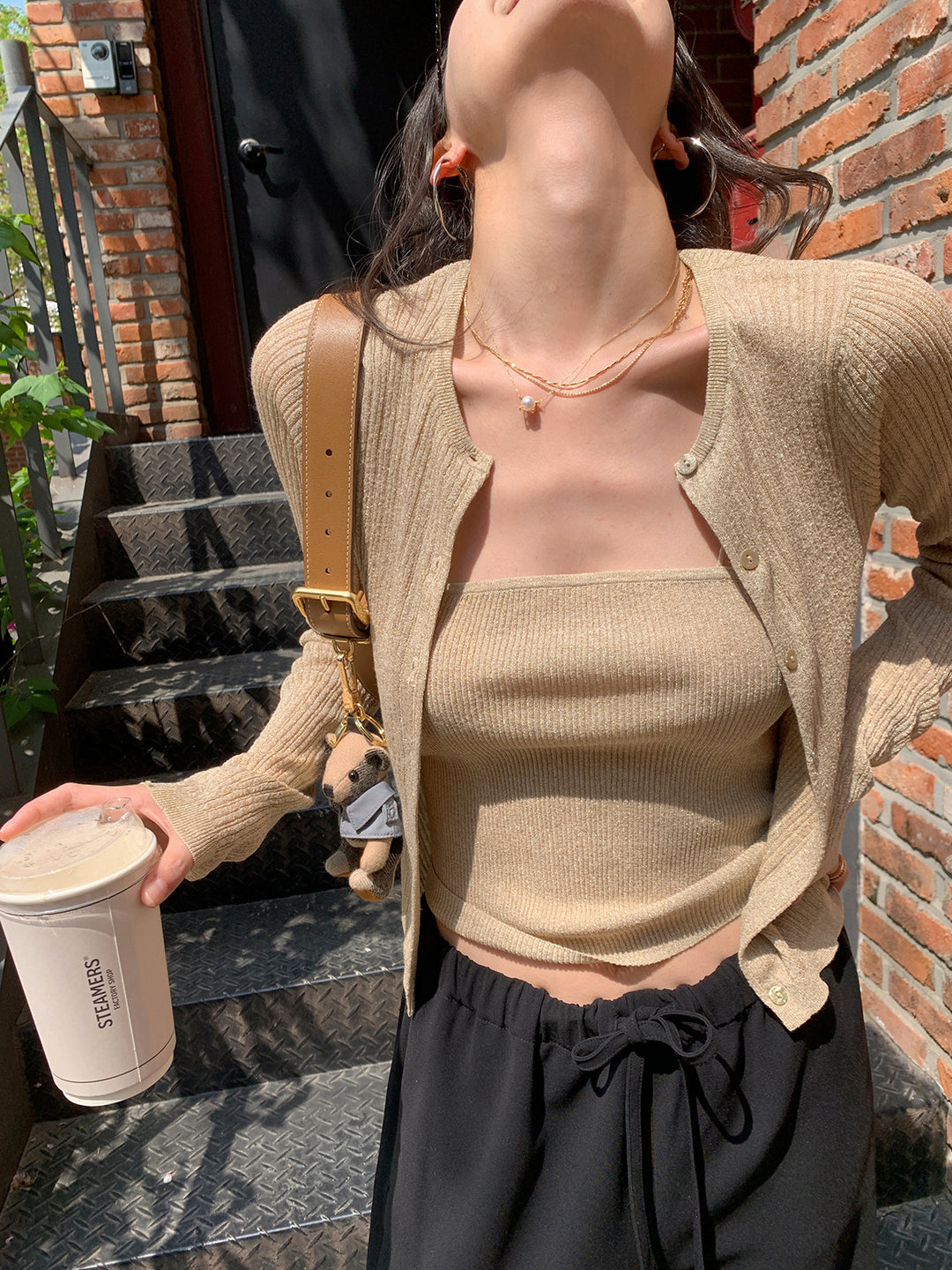Damen Leichtes Ripp-Twinset aus Glanzgarn mit Spaghettitop und Knopfcardigan Nord Taschen