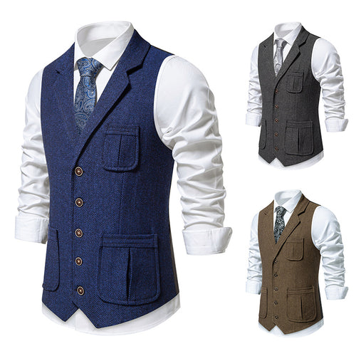 Herren Tweed-Weste mit Fischgrätmuster, Reverskragen und Pattentaschen Nord Taschen
