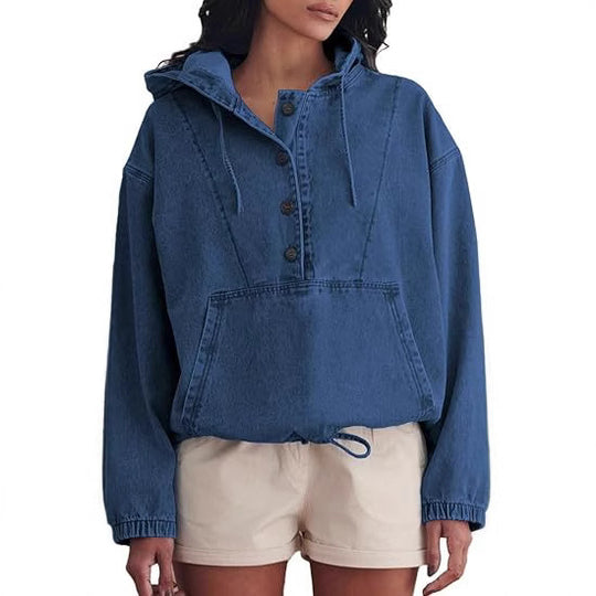 Damen Jeans-Halbanorak mit Kapuze, Kängurutasche und Tunnelzug Nord Taschen