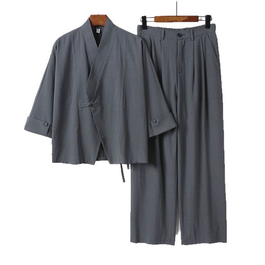 Herren Modernes Zen-Loungewear-Set aus Leichtem Material mit Kurz-Kimono und tailliert-zulaufender Bundhose Nord Taschen