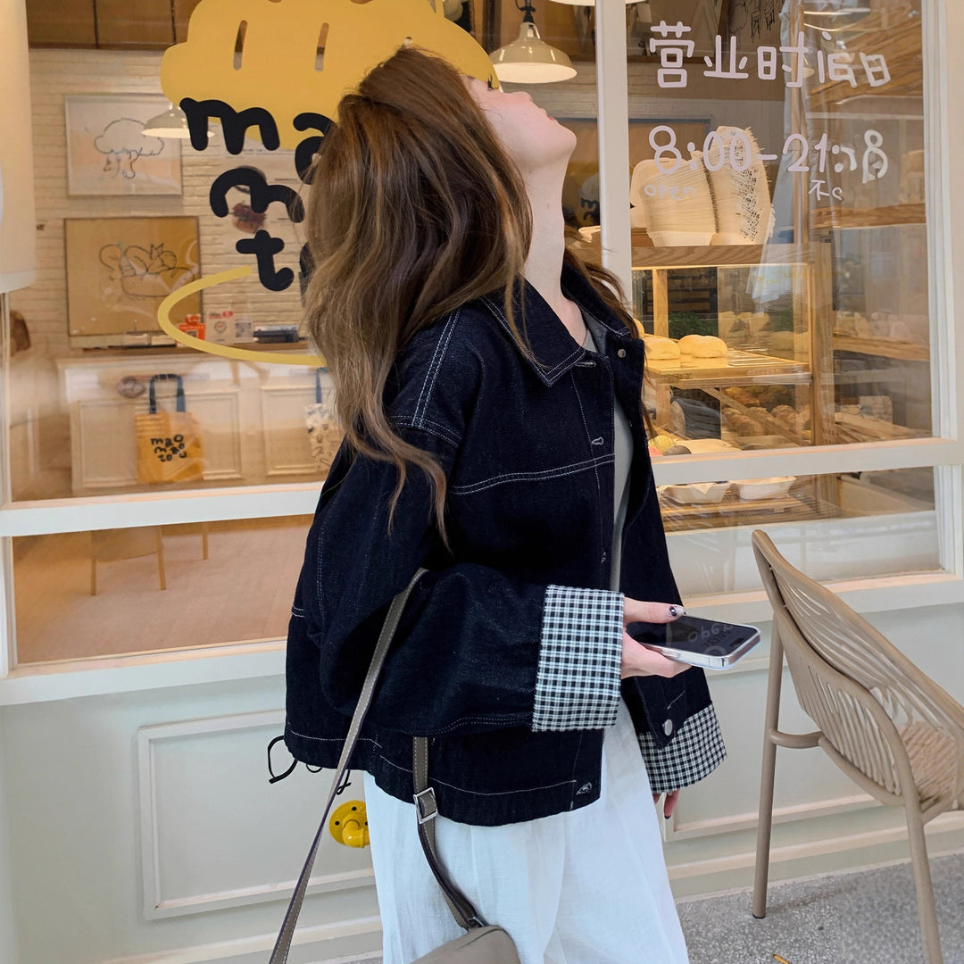 Damen Boxy-Jeansjacke mit kontrastierenden Nähten, Kordelzugsaum und karierten Manschetten Nord Taschen