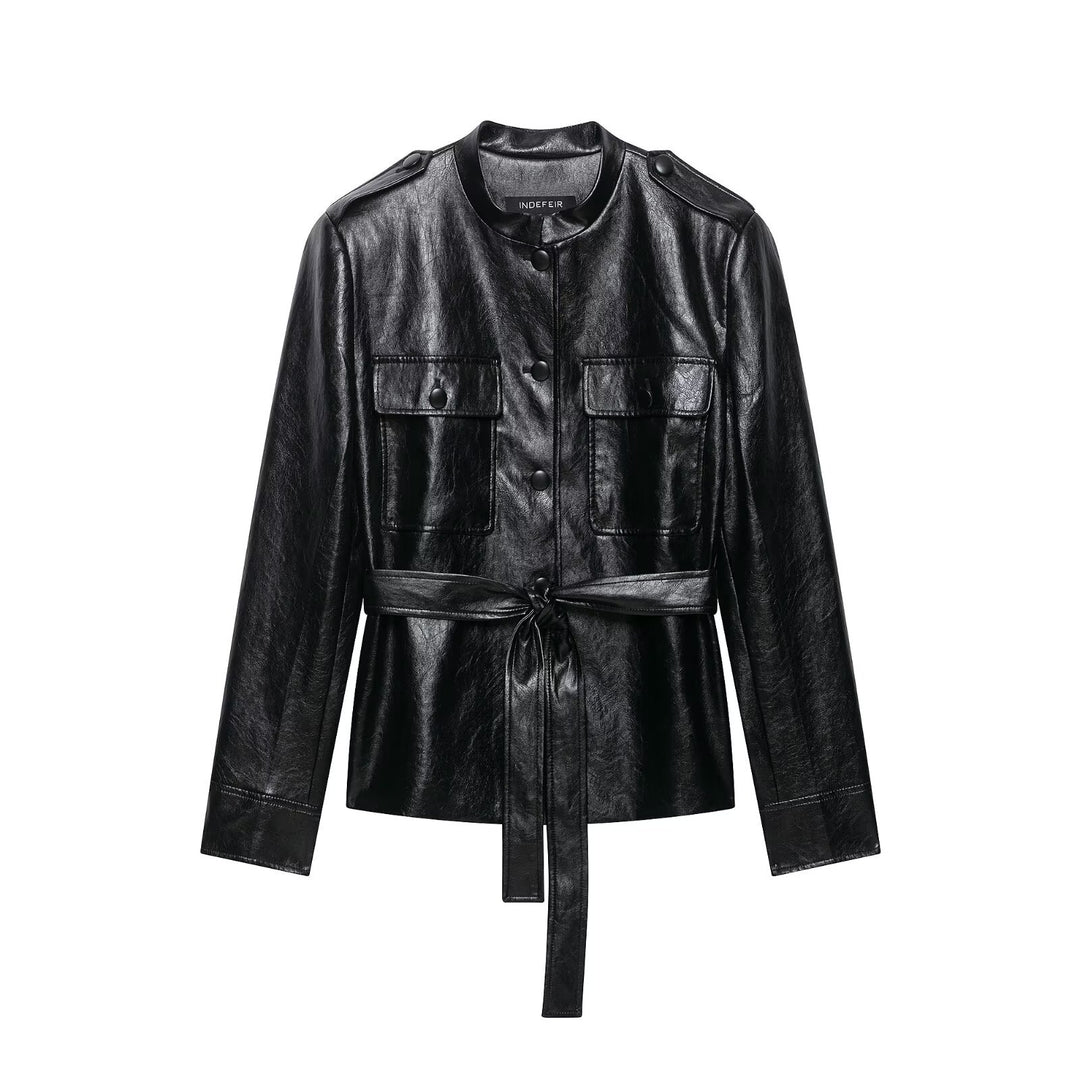 Damen Taillierte Kunstlederjacke im Trenchstil mit Stehkragen, Pattentaschen und Bindegürtel Nord Taschen