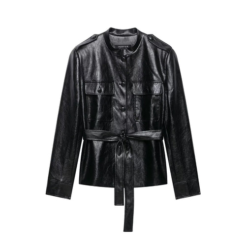 Damen Taillierte Kunstlederjacke im Trenchstil mit Stehkragen, Pattentaschen und Bindegürtel Nord Taschen