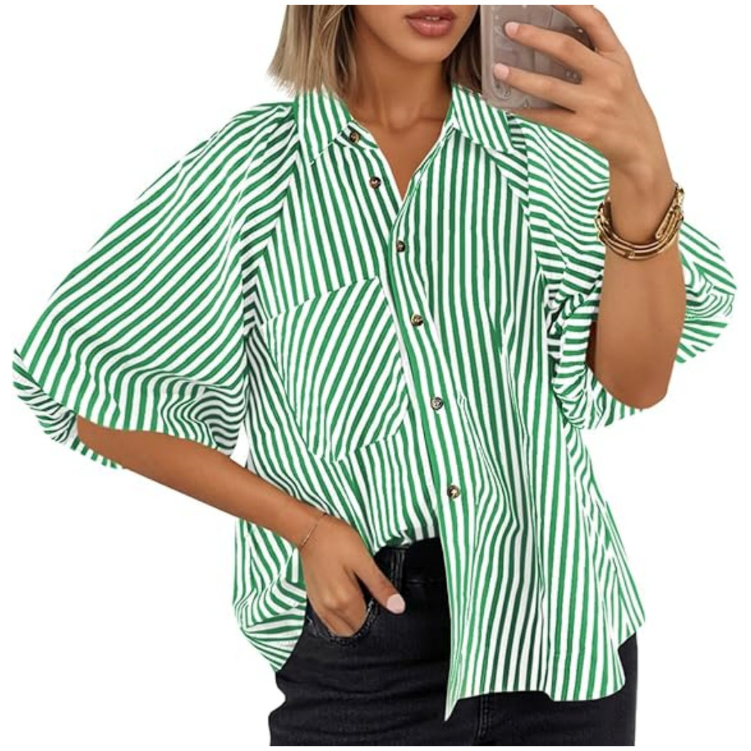 Damen Oversize Hemdbluse mit Ballonärmeln und vertikalem Streifenmuster Nord Taschen