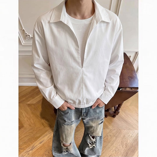 Damen Oversize-Bluse mit tiefem V-Ausschnitt, Hemdkragen und elastischem Saum Nord Taschen