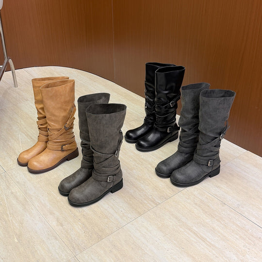 Damen Wadenhohe Bikerstiefel mit Wickelriemen und verstellbaren Schnallen Nord Taschen