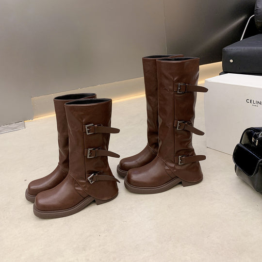 Damen Wadenhohe Stiefel mit dreifacher Gürtelschnalle und profilierter Plateausohle Nord Taschen