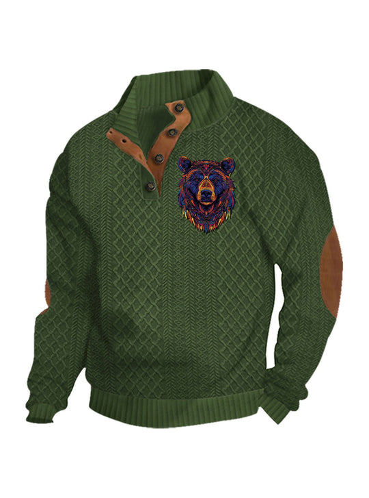Herren nan Heritage-Strukturpullover mit Stehkragen Lederimitat-Besatz Ellenbogen-Patches und Halbknopfleiste