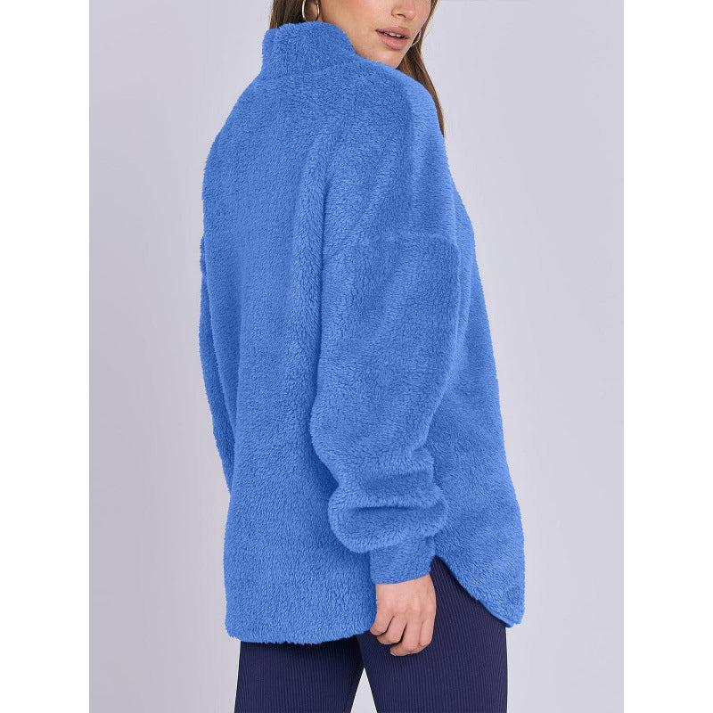 Damen Flauschiger Oversize-Sherpa-Pullover mit Halbzip und Kängurutaschen Nord Taschen
