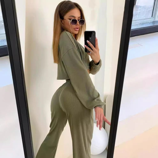 Damen Ripp-Lounge-Set mit Cut-Out Croptop, Oversize Cropped Pullover und High-Waist Jogginghose Nord Taschen