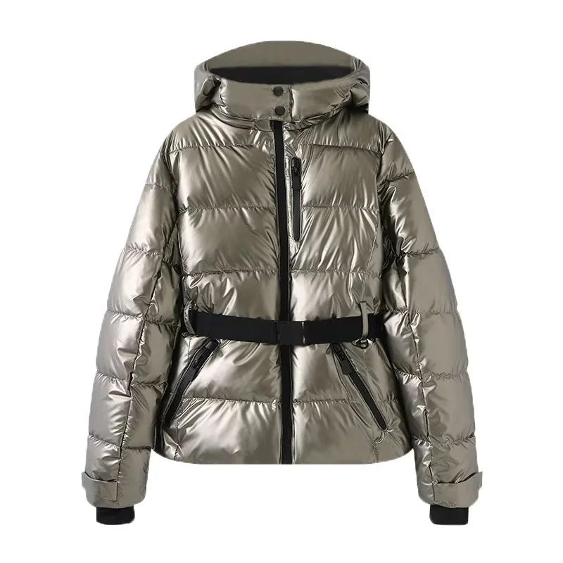 Damen 100+ gesteppte Ski- und Winterjacke mit Kapuze, Taillengürtel & wasserdichten Reißverschlüssen Nord Taschen