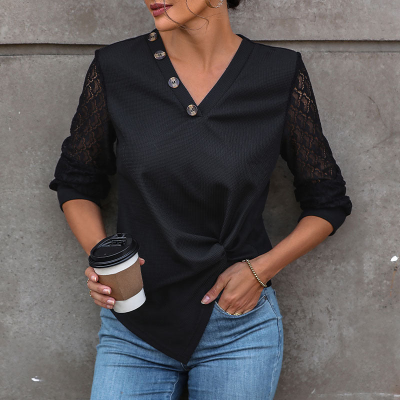 Damen Tailliertes Langarmshirt mit Spitzenärmeln, V‑Ausschnitt und Knotenfront Nord Taschen