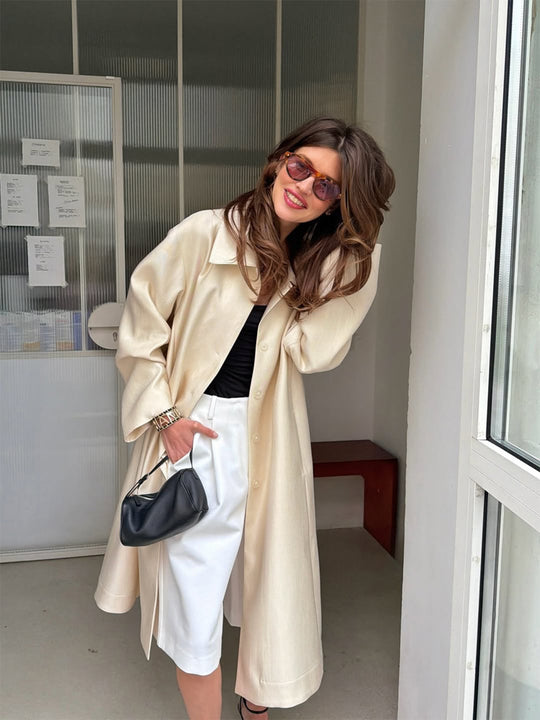 Damen Leichter Satin‑Optik Longcoat mit kastiger Oversize‑Silhouette Nord Taschen