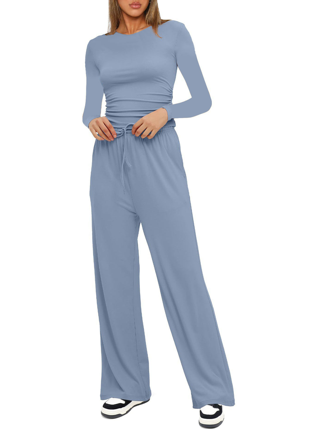 Damen Figurbetontes Longsleeve mit seitlicher Raffung und High-Waist Palazzo-Jogginghose Set Nord Taschen