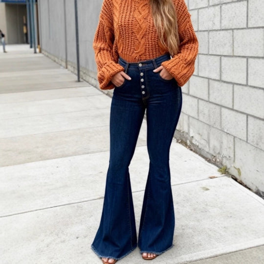 Damen hochtaillierte Retro-Flared-Jeans mit sichtbarer Knopfleiste und ausgestelltem Bein Nord Taschen
