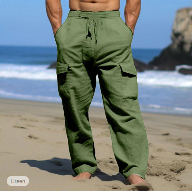 Herren weite Freizeit-Cargohose aus Leinenmix mit Tunnelzugbund, aufgesetzten Klappentaschen und entspanntem Strandfit Nord Taschen