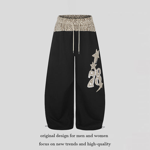 Damen Extraweite Palazzo-Loungehose mit hohem Komfortbund, Leoprint-Bund und dekorativer Stern-Ziffer-Applikation Nord Taschen