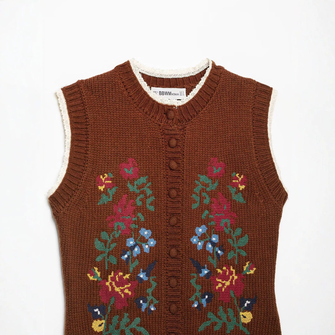 Damen Ärmellose Strickweste mit Blumenintarsien, Knopfleiste und gehäkeltem Saum Nord Taschen