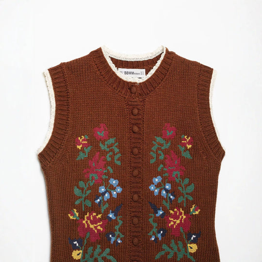Damen Ärmellose Strickweste mit Blumenintarsien, Knopfleiste und gehäkeltem Saum Nord Taschen