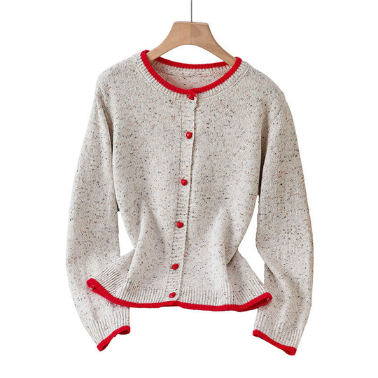Damen Gesprenkelte Strickjacke mit Kontrastkanten und Herzknöpfen Nord Taschen
