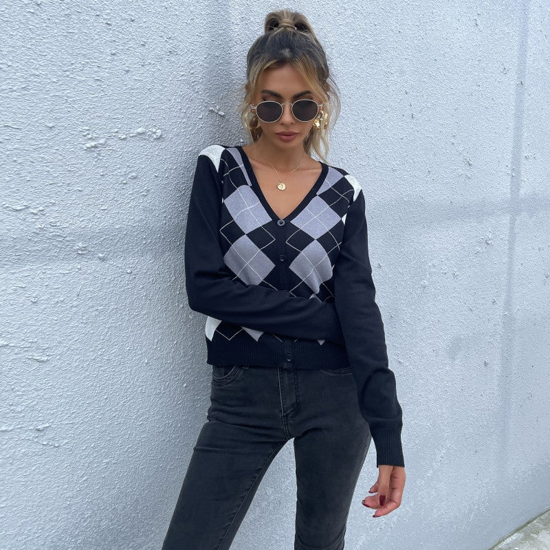 Damen Gemusterter V-Pullover Nord Taschen