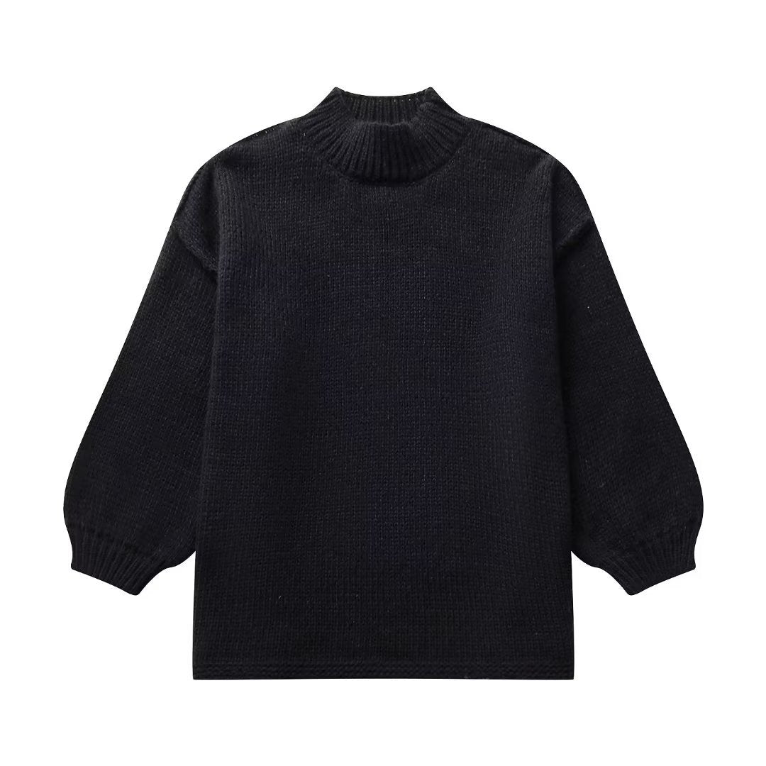Damen Grobstrick-Pullover mit Stehkragen, überschnittenen Schultern und Ballonärmeln Nord Taschen