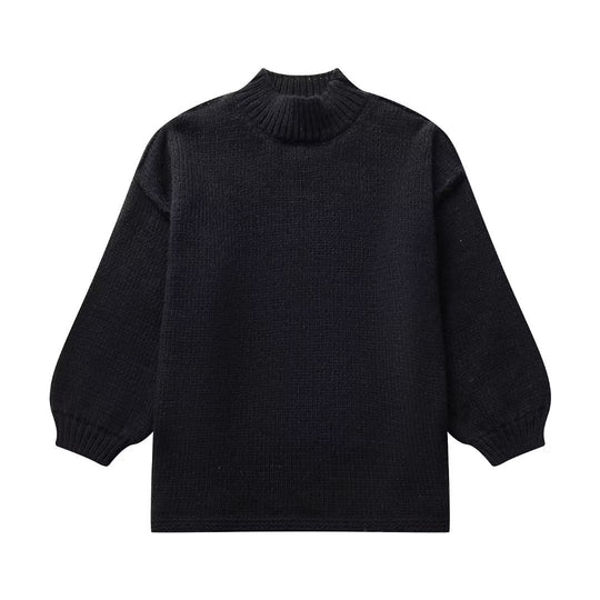 Damen Grobstrick-Pullover mit Stehkragen, überschnittenen Schultern und Ballonärmeln Nord Taschen